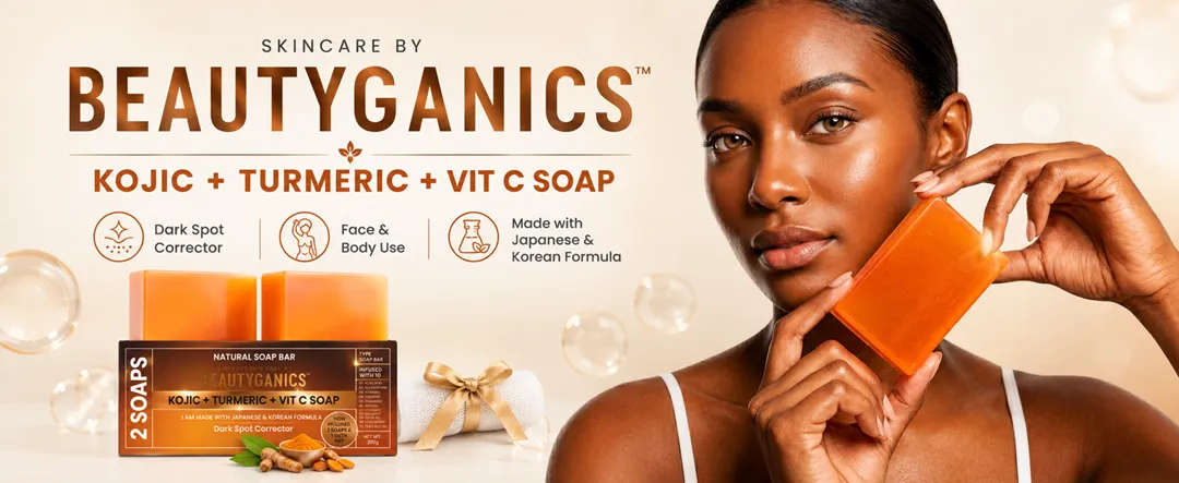 Beautyganics Kojic + Turmeric + Vitamin C Soap — face and body listing banner