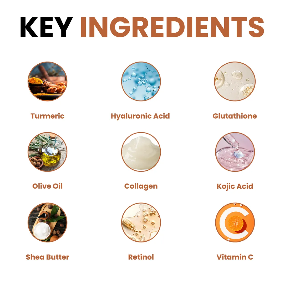 Key ingredients in Beautyganics Kojic + Turmeric + Vitamin C Soap