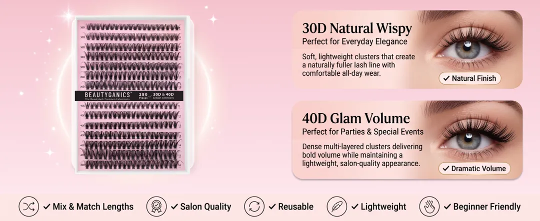 Beautyganics lash tray comparing 30D natural wispy and 40D glam volume
